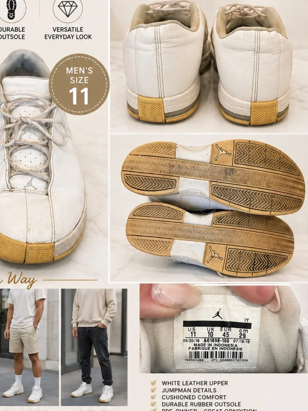 Jordan TE 2 Low Men’s White Leather Sneakers with Gum Soles size 11